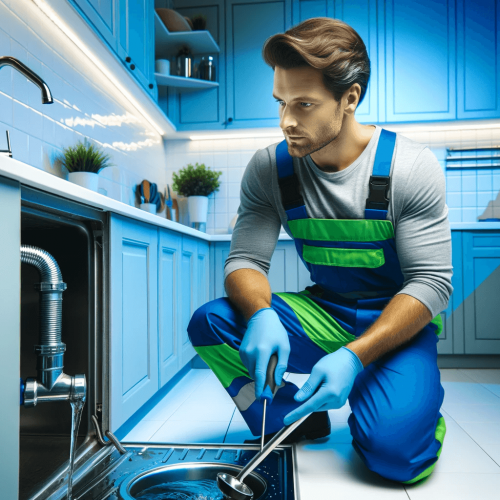 DALL·E-2024-01-16-21.33.52-A-professional-handyman-in-blue-and-green-work-attire-is-solving-a-drain-blockage-in-a-modern-kitchen.-He-is-using-tools-specifically-for-this-task-s-1.png