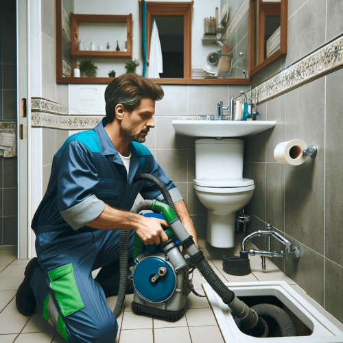 DALL·E 2024-01-29 15.54.23 - A full-body portrait of a worker using a pipe cleaning machine to resolve a bathtub blockage. The setting is a bathroom, with the worker focused on th (1)