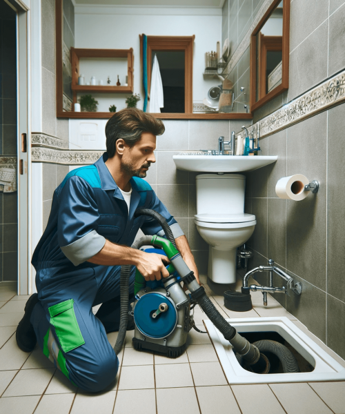 DALL·E 2024-01-29 15.54.23 - A full-body portrait of a worker using a pipe cleaning machine to resolve a bathtub blockage. The setting is a bathroom, with the worker focused on th (1)